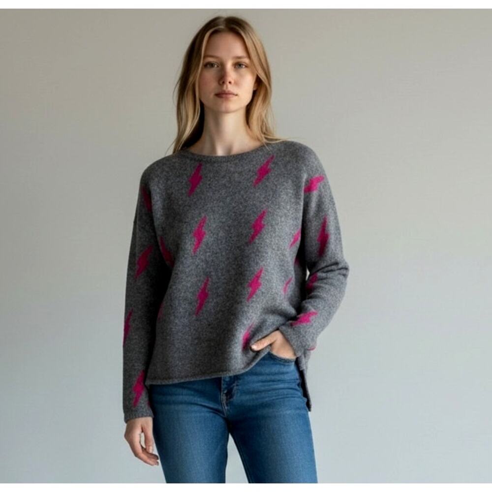 Skull Cashmere 100% Cashmere Gray Pink Lightning Bolt Sweater XS Crew Neck